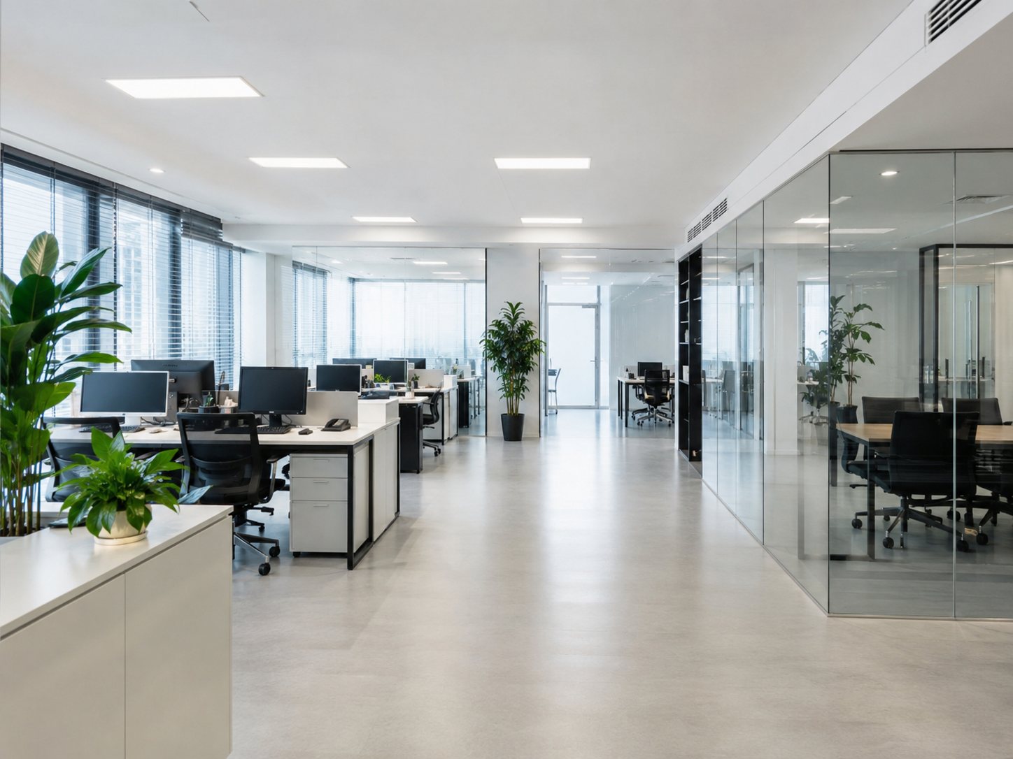 Bright commercial office with glass rooms, clean floors, desks, and green plants