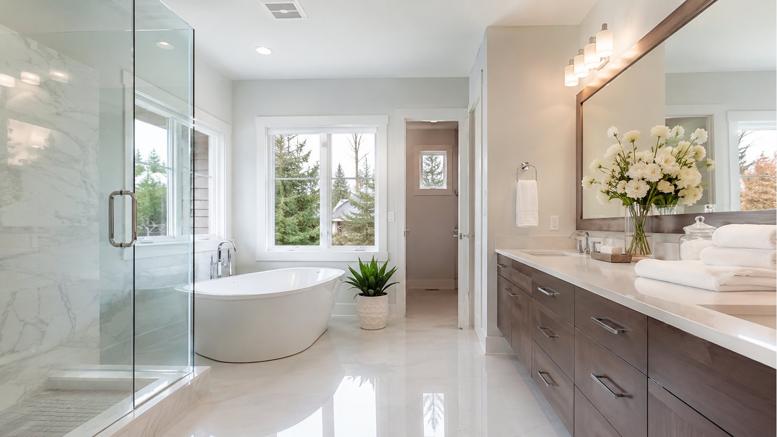 Bright clean bathroom with glass shower, freestanding tub, polished floors, and folded white towels