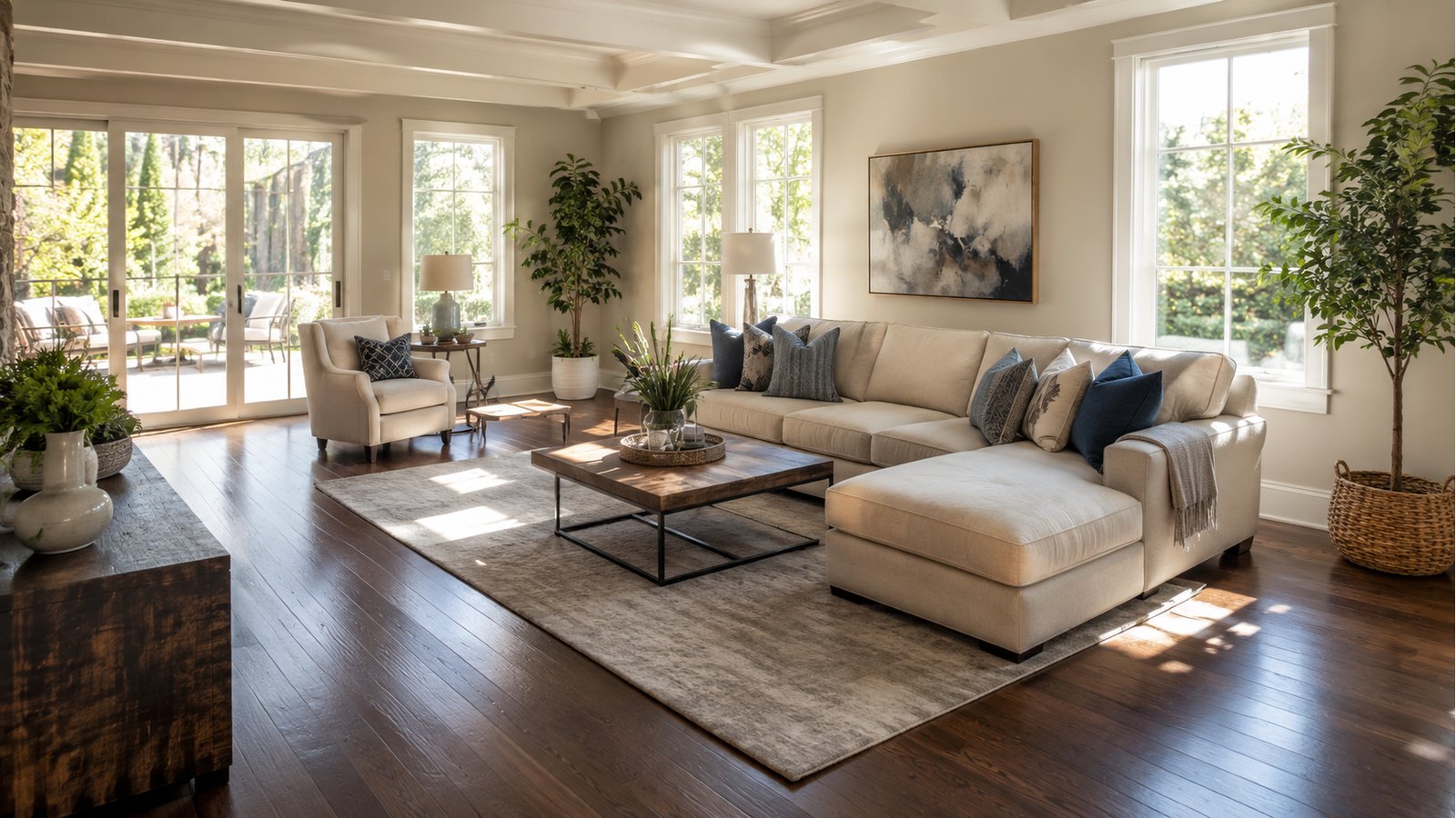 Sunlit living room with polished hardwood floors, bright windows, and neatly arranged furniture