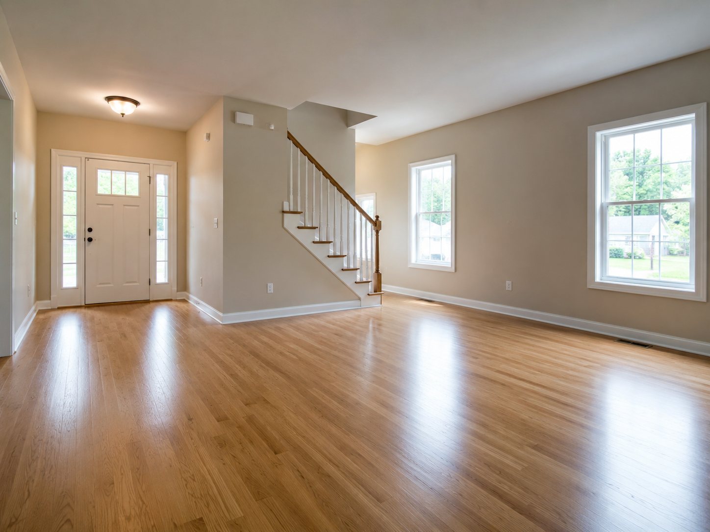 Empty home entry and living area with polished hardwood floors ready for move-in cleaning