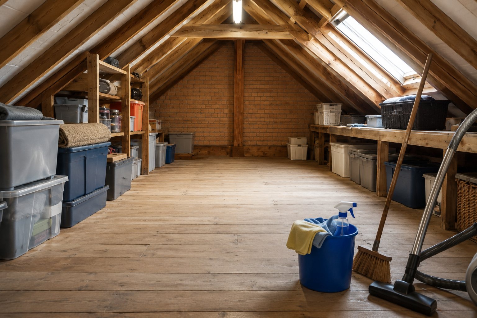 Attic storage space with cleaning tools ready for a by-quote discussion