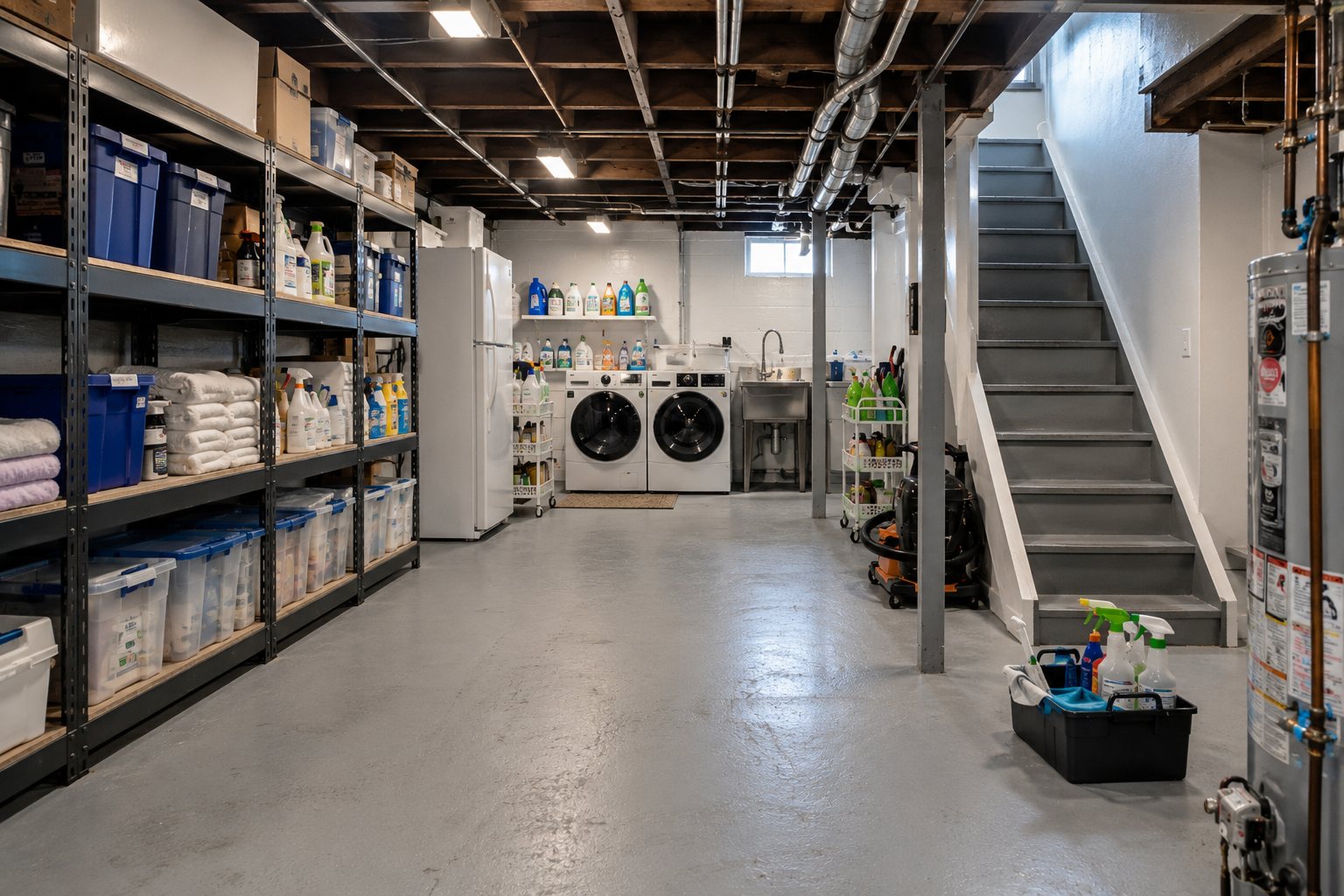 Organized basement utility area with cleaning supplies and laundry equipment