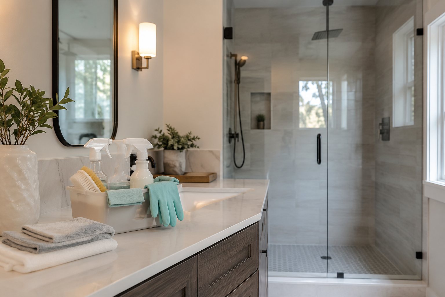 Bright bathroom vanity and shower with cleaning supplies on the counter