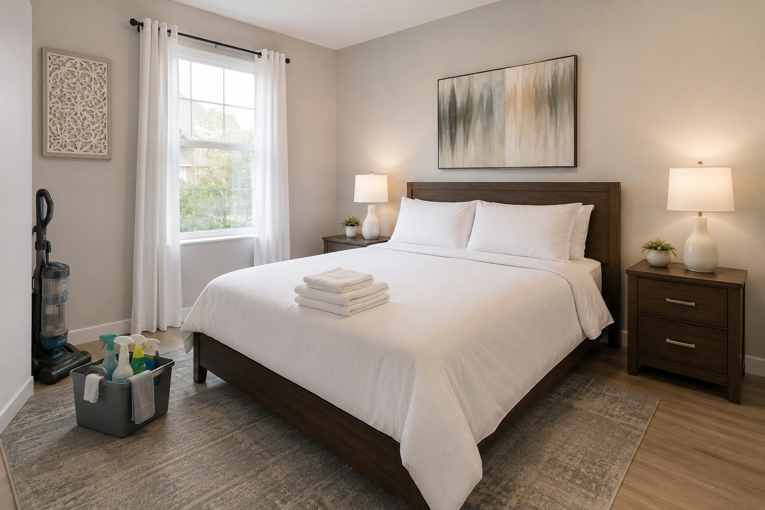 Fresh bedroom with folded towels and residential cleaning supplies nearby