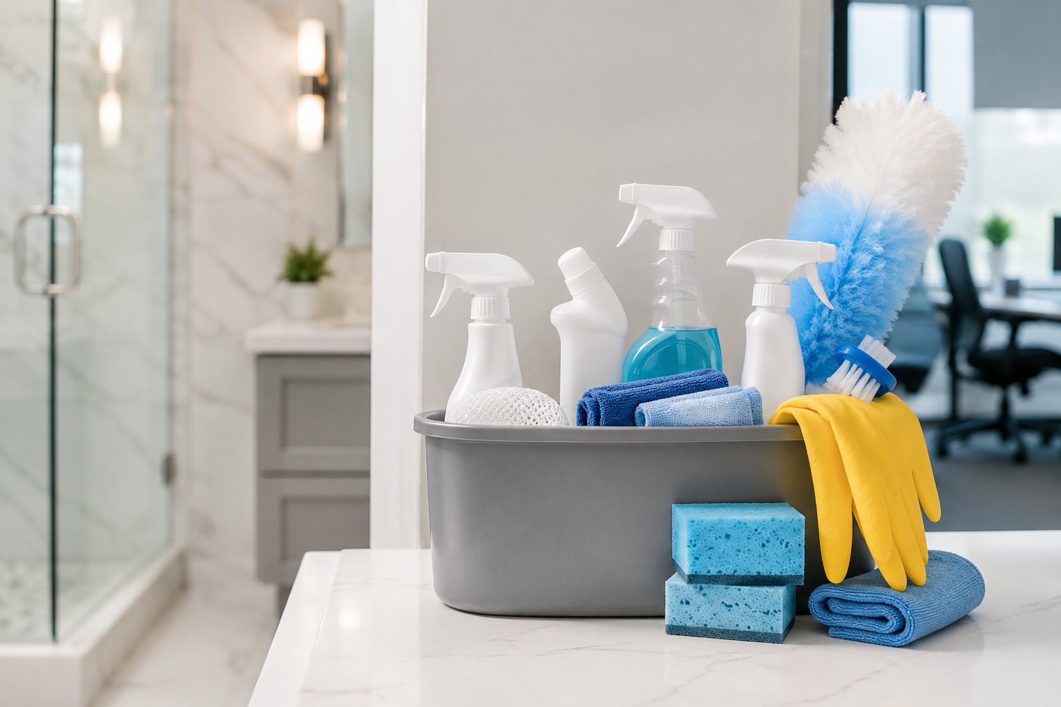Residential cleaning caddy with towels, sponges, gloves, and dusting supplies