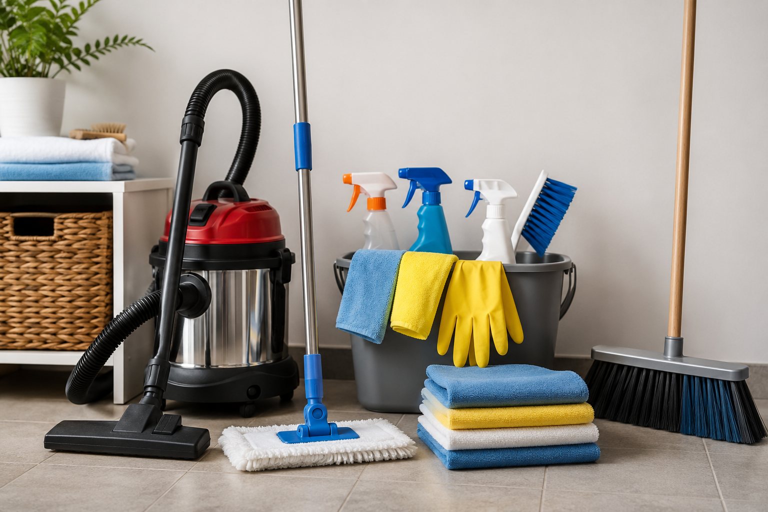 Organized residential cleaning supplies with towels, sprays, mop, vacuum, and broom