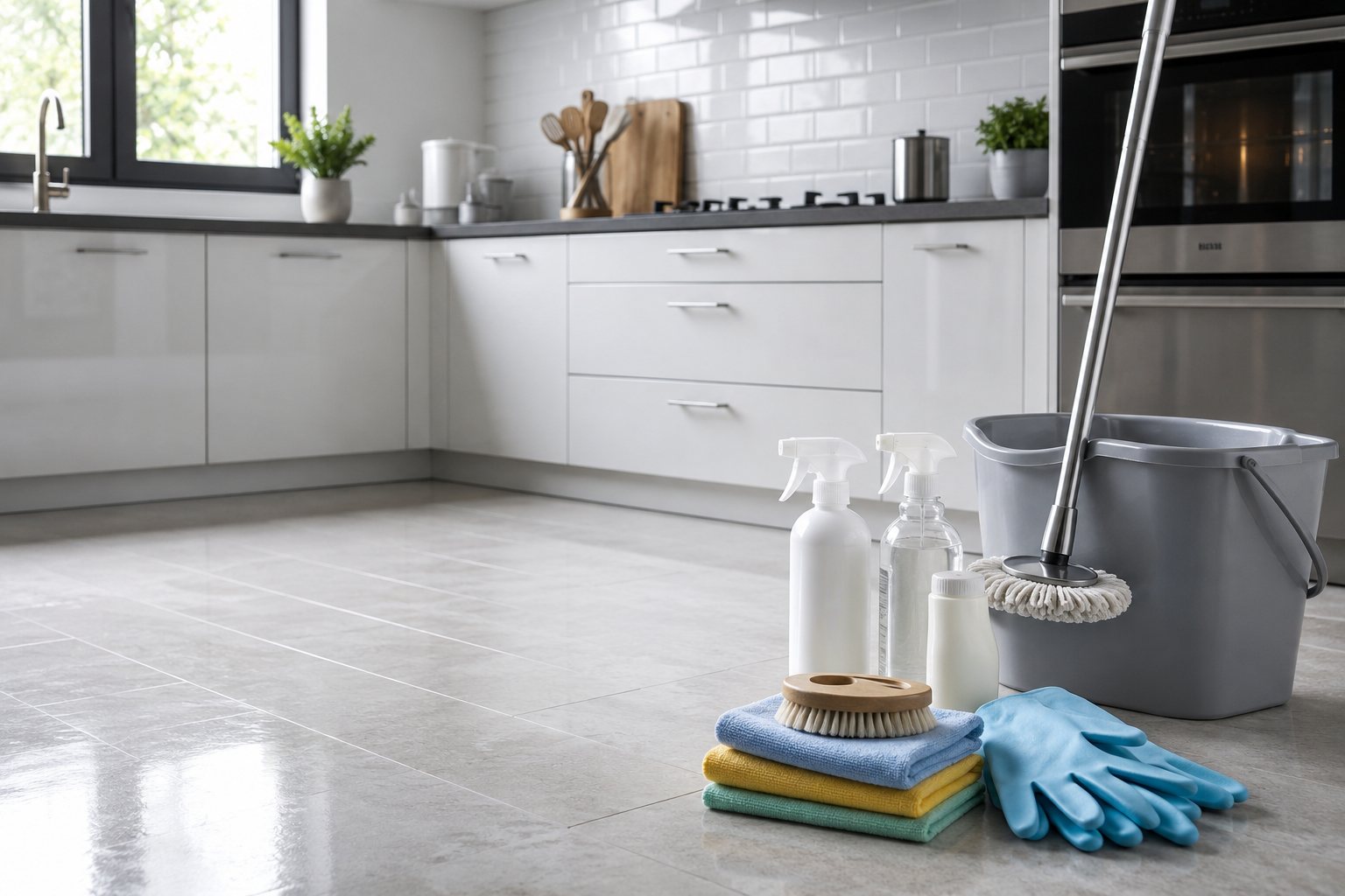 Fresh kitchen floor with cleaning supplies and mop ready for residential cleaning