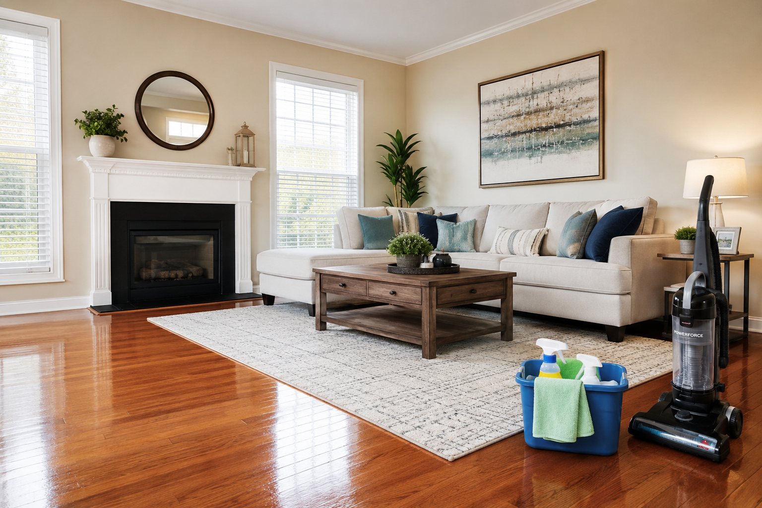 Clean furnished living room with vacuum and cleaning supplies on polished hardwood floors