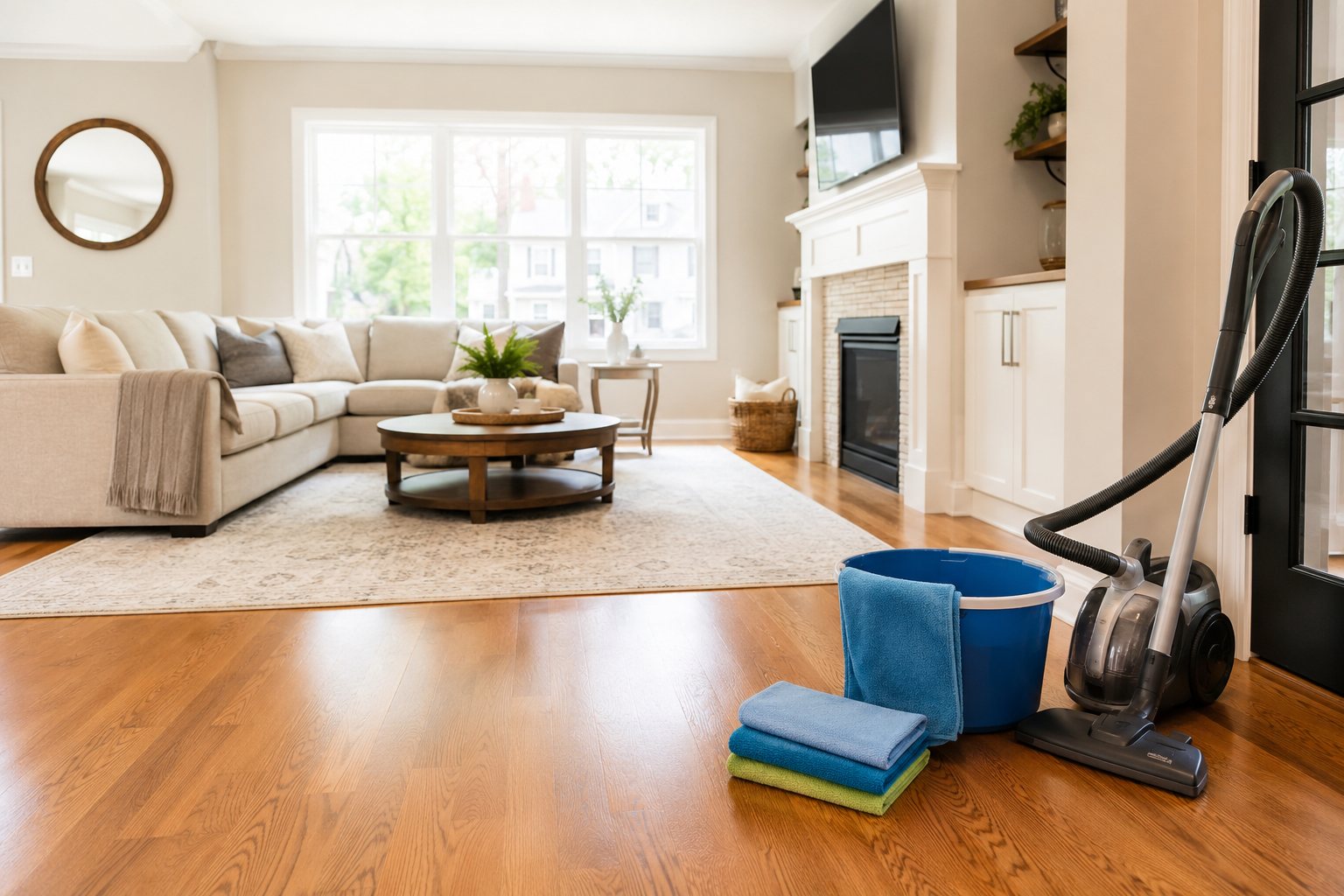 Bright living room with residential cleaning tools ready on a hardwood floor