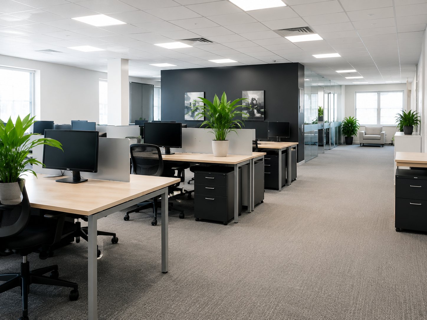 Clean small office workspace with organized desks, bright ceiling lights, carpeted floors, and plants